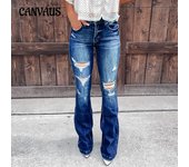 Pantalones vaqueros de mujer Temperamento Agujeros rotos Micro Flare Pantalones casuales S azul oscuro