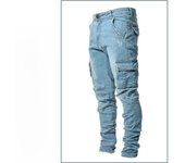 Pantalones vaqueros ajustados de estilo europeo con múltiples bolsillos para hombre: pantalones pitillo elásticos casuales y modernos 3XL azul claro