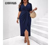 Vestido de noche de manga corta con escote en V profundo y sexy de talla grande con cintura alta L azul marino