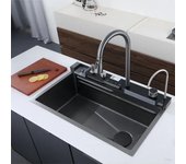 Fregadero de cocina de acero inoxidable 304, doble cascada, ranura única, juego de grifería con pantalla Digital integrada, dispensador de jabón, lavadora de tazas 7546C Digital Display negro