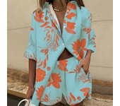 2 Unids/set Camisa de Mujer Conjunto de Pantalones Cortos Estampado Floral Suelto Botonadura Media Manga Bolsillos de Solapa Cintura Elástica Suave Transpirable Vacaciones en la Playa de Verano L negro