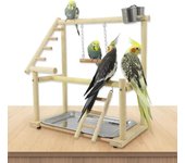 Puesto de juego para pájaros, puesto de juego para loros, parque infantil para cacatúas, percha de madera, gimnasio, escalera de juegos con plato de alimentación de metal, suministros para pájaros