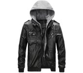 Chaqueta de cuero de invierno para hombre, con capucha, multibolsillos, talla grande, chaqueta de cuero PU para hombre, abrigo, ropa informal para hombre S negro