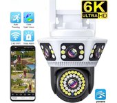 Cámara de videovigilancia WiFi para exteriores 6K, 12 MP, cuatro lentes, tres pantallas, IA, detección de cuerpo humano, voz bidireccional, IP, CCTV 6K Camera