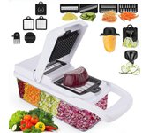 Picadora de verduras de lujo 15 en 1, picadora de cebolla, rebanadora de mandolina multifuncional con contenedor, cortadora de verduras en dados blanco
