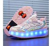 Zapatos de polea de cuatro ruedas recargables para niños, luces de iluminación, zapatos deportivos, zapatos de tablero 29 color rosa