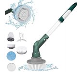 Cepillo de limpieza eléctrico inalámbrico con 4 cabezales reemplazables, giro automático, mango largo, multifuncional, hogar, baño, azulejo, limpiador de ventanas, herramienta de fregado verde