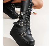 Botas negras con cordones, hebillas, punta redonda, cuñas y plataforma, estilo punk gótico, talla 43, para mujer 38
