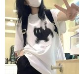 Camisetas coreanas de algodón para mujer, camisetas con estampado de dibujos animados de píxeles de gato negro, cómodas y suaves, cuello redondo, ropa holgada de manga corta para mujer 2XL
