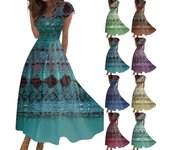 Vestido largo para mujer, vestido maxi, vestido informal de verano, informal, manga corta, cuello en V, cintura bohemia, vestido estampado L azul