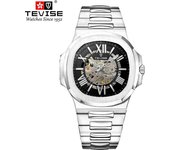 TEVISE Reloj mecánico automático de acero inoxidable resistente al agua y a la moda para hombre, de marca, luminoso y resistente al agua plata/blanco