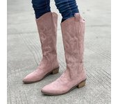 Botas de mujer de moda Otoño Invierno 2024, botas vaqueras de tacón grueso con cremallera, puntera puntiaguda, botas rosas para niña, talla grande 40 marrón