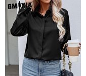 GMXIA Blusas y camisas con cuello POLO de manga larga con estampado de Color sólido informal a la moda para mujer Otoño Invierno S negro
