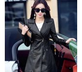 Chaqueta de cuero PU de longitud media de color sólido para mujer, cortavientos con cintura estrecha y temperamento para primavera y otoño 3XL negro