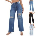 Pantalones vaqueros de mujer con bolsillos rotos, cintura alta, pierna recta, estilo retro L negro