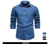 AIOPESON, nueva Camisa vaquera de algodón de otoño para hombre, camisa informal de manga larga con un solo bolsillo de Color sólido, camisa vaquera de otoño para hombre S 55-65 kg altramuz azul