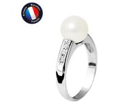 PERLINEA - Anillo de Perlas Cultivadas de Agua Dulce Redondas Genuinas 8-9 mm - Color Blanco Natural - Diamante - Oro Blanco - Joyería Mujer