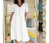 Vestido de mujer de talla grande, transpirable, con cuello en V, manga corta y botones para looks de verano relajados. 5XL azul marino
