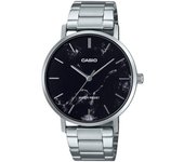 Casio Reloj analógico estándar de acero inoxidable con esfera negra inspirada en el mármol, cuarzo, MTP-VT01DM-1A para hombre negro