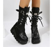 Botas de motociclista con plataforma gótica para mujer, botines de combate con correa de hebilla y remaches punk para mujer, botas de media pantorrilla con tacón de cuña y suela gruesa 38