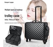 Maletín de maquillaje de piel sintética de gran capacidad con carrito y bordado para manicura. Caja de herramientas profesional para maquilladores.