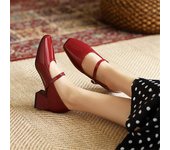 Mujer charol cuero genuino Mary Janes bomba punta cuadrada tacones medios gruesos hebilla señoras moda carrera zapatos primavera otoño 33 negro