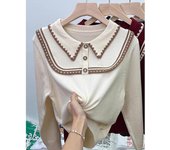 Camisa de punto con cuello de polo elegante de moda para mujer, blusa de manga larga con encaje elegante para otoño e invierno, camisetas vintage holgadas para mujer 24740 One Size blanco
