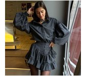 Conjunto de dos piezas para mujer, primavera, nuevo, estampado de cuadrícula, camisas de manga larga con botones, cintura alta, falda mini con borde de hoja de loto, trajes para mujer S gris oscuro