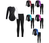 Niños Niñas Niños Biketard Gimnasia Manga Larga Contraste Color Leotardos con Leggings para Danza Patinaje 5-6 Years blanco/negro