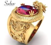 Anillo de circón rojo con dragón dominante tallado en oro 6