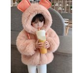 Chaqueta de otoño e invierno con orejas grandes de peluche para bebé, abrigos cálidos de piel sintética para niñas, abrigo de nieve con capucha, ropa de abrigo suave para niños 140cm color rosa