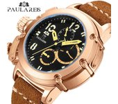 Paulareis Reloj automático para hombre, mecánico, multifuncional, con luz nocturna, de cuero, oro rosa