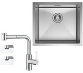 Fregadero de cocina empotrado 1 seno 50×44CM acero inoxidable cepillado, mezclador de cocina extraíble con 2 funciones de rociado