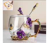 Taza de vidrio bañada en oro violeta, taza de café de lujo ligera, taza de leche para el desayuno, juego de caja de regalo de taza de agua de color esmaltado, regalo para el hogar
