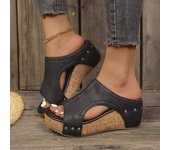 Sandalias de cuña con remaches para mujer (2024), talla grande, punta abierta y suela gruesa 42 marrón oscuro