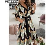VEZFAA Vestidos casuales de cintura media con cuello tipo polo y manga larga de verano y primavera para mujer S caqui