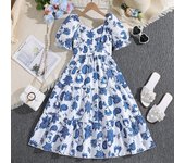 Vestidos para niñas de 6 a 12 años, nueva moda de verano para niños, vestidos de princesa estampados con mangas de burbujas súper bonitos 130cm azul