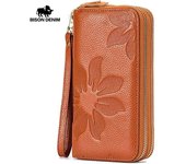 BISON DENIM Cartera de mujer de moda de cuero genuino largo con doble cremallera bolso de mano tarjetero negro