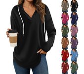 Sudadera con capucha de moda para mujer, cuello en V, manga larga, cordón sólido, informal, holgada, tops tipo jersey L negro