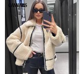 Chaqueta tipo cárdigan de felpa con solapa para mujer, talla grande, otoño e invierno XS beige