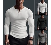 Hombres Primavera Otoño Camiseta Top Botón V-Cuello Manga Larga Color Sólido Transpirable Top Fitness Camisetas Ropa M blanco