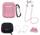 Juego completo de accesorios para AirPods 1 y 2: Estuche de silicona, ganchos para la oreja, correa para el cuello, soporte para correa de reloj, mosquetón – Rosa
