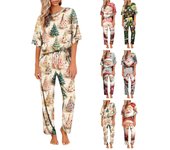 Conjunto de pijama de satén de seda helada con estampado navideño para mujer, conjunto de camisa de manga corta y pantalones de pijama largos, ropa suave para el hogar XXL beige