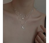 Gargantilla de plata de ley 925 con doble capa de estrellas simples y colgantes de luna y circonita brillante, regalo para niña, accesorios finos blanco