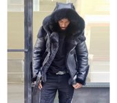 Chaqueta de invierno con capucha de piel sintética para hombre, de una pieza, corta y de una sola pieza. S
