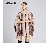 Chaqueta de invierno para mujer, capa, cuello de piel, chal con capucha, chaqueta de Tweed, cárdigan de talla grande One Size caqui