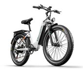 Bicicleta eléctrica Shengmilo MX06 de neumáticos anchos, color blanco, motor de 48 V y 1000 W con batería de litio de 48 V y 17,5 AH, bicicleta de montaña SHIMANO de 7 velocidades 156*34*80CM blanco
