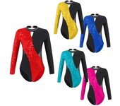 Leotardo de gimnasia con espalda hueca para niñas, lentejuelas brillantes, leotardo de baile de manga larga, mono de patinaje artístico 3-4 Years azul royal