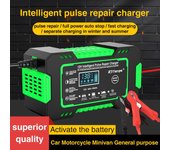 Cargador de batería de coche de 12V/6A, pantalla táctil, reparación de pulso completamente automática para motocicleta, Moto, plomo ácido, AGM Gel VRLA, carga rápida inteligente verde
