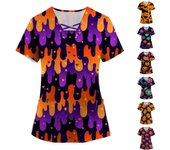 Blusa de bolsillo de trabajo con cuello en V y manga corta con estampado de Halloween para mujer XL negro